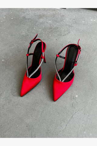 Merlot Taş Detaylı İnce Topuk 10 Cm Kırmızı Saten Stiletto