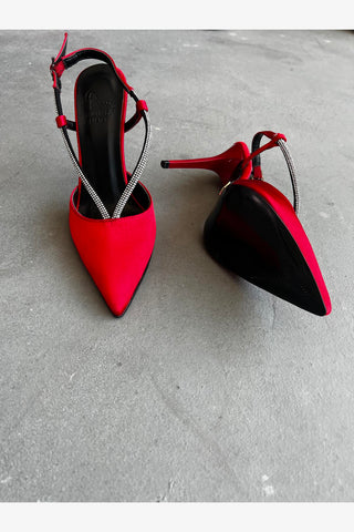 Merlot Taş Detaylı İnce Topuk 10 Cm Kırmızı Saten Stiletto