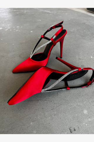 Merlot Taş Detaylı İnce Topuk 10 Cm Kırmızı Saten Stiletto