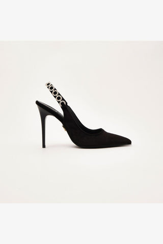 Jazzy Taş Detaylı İnce Topuk 10 Cm Siyah Kadife Stiletto