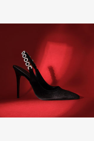 Jazzy Taş Detaylı İnce Topuk 10 Cm Siyah Kadife Stiletto