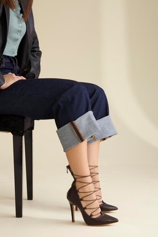 Marlin İp Bağcıklı İnce Topuk 10 Cm Kahverengi Mat Stiletto