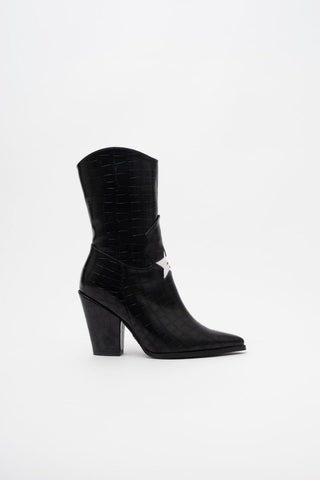 Antares Yıldız Detaylı Kalın Topuk 9 Cm Siyah Kroko Bot