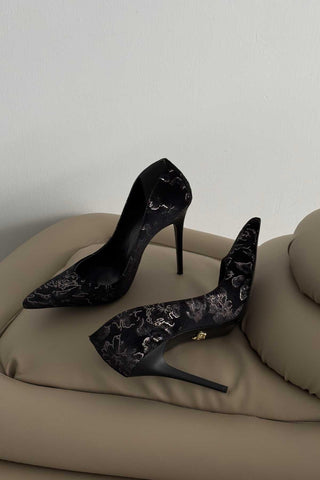 Nadja İnce Topuk 10 Cm Siyah Nakış Desenli Stiletto