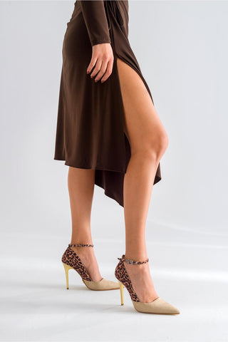 Bluma Bilekten Bantlı İnce Topuk 10 Cm Ten Leopar Stiletto