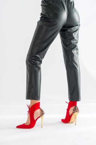 Barin Bağcık Detaylı İnce Topuk 10 Cm Kırmızı Leopar Stiletto