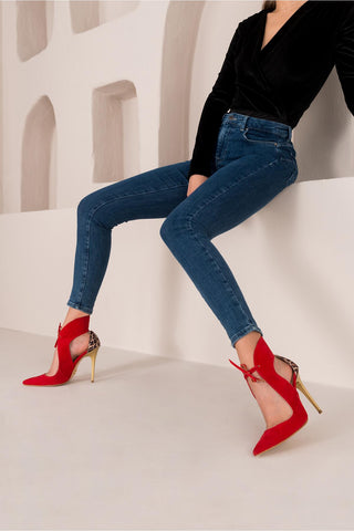 Barin Bağcık Detaylı İnce Topuk 10 Cm Kırmızı Leopar Stiletto