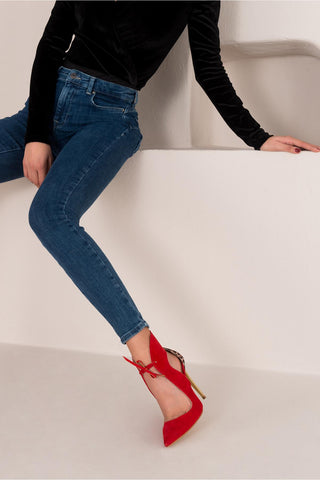 Barin Bağcık Detaylı İnce Topuk 10 Cm Kırmızı Leopar Stiletto