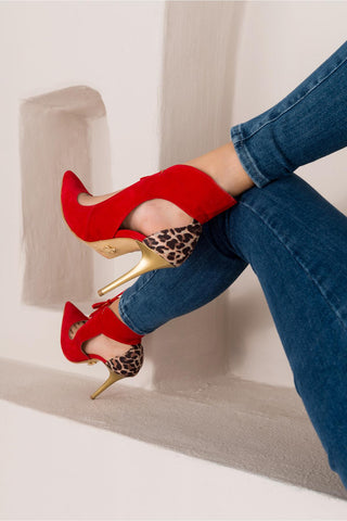 Barin Bağcık Detaylı İnce Topuk 10 Cm Kırmızı Leopar Stiletto