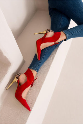 Barin Bağcık Detaylı İnce Topuk 10 Cm Kırmızı Leopar Stiletto