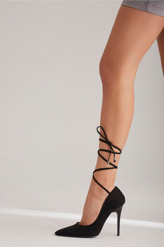 Ulva Bilekten Bağcıklı İnce Topuk 10 Cm Siyah Süet Stiletto