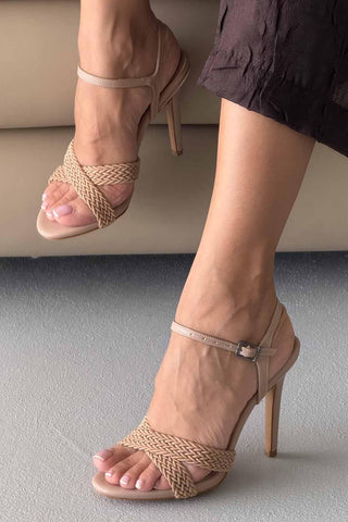Tennessee Örgülü İnce Topuk 10 Cm Krem Topuklu Ayakkabı