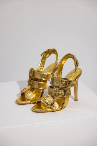 Lively Toka Detaylı İnce Topuk 10 Cm Gold Topuklu Ayakkabı