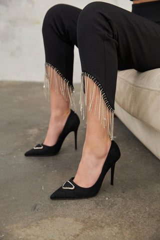 Alloga Taş Detaylı İnce Topuk 10 Cm Siyah Süet Stiletto