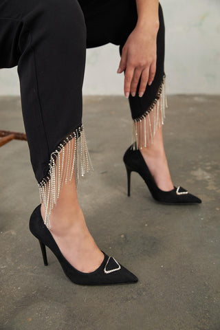 Alloga Taş Detaylı İnce Topuk 10 Cm Siyah Süet Stiletto