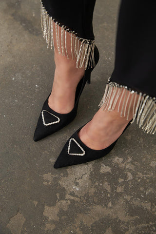 Alloga Taş Detaylı İnce Topuk 10 Cm Siyah Süet Stiletto