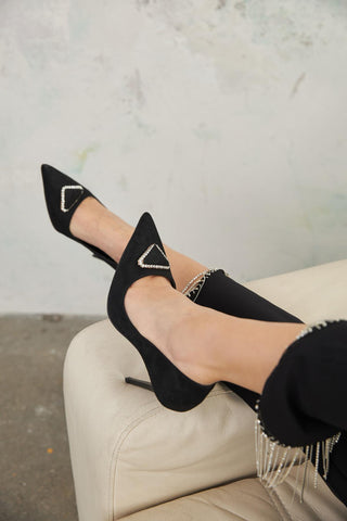 Alloga Taş Detaylı İnce Topuk 10 Cm Siyah Süet Stiletto
