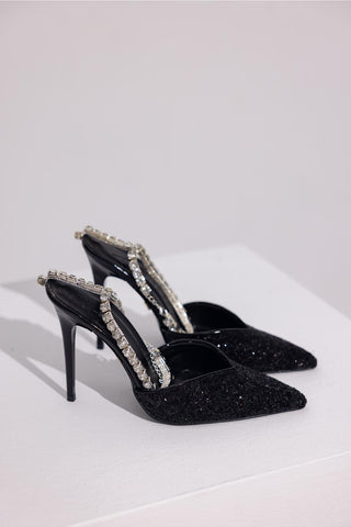 Flamboyant Taşlı Zincirli İnce Topuk 10 Cm Siyah Cam Kırığı Stiletto