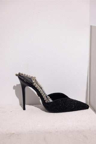 Flamboyant Taşlı Zincirli İnce Topuk 10 Cm Siyah Cam Kırığı Stiletto
