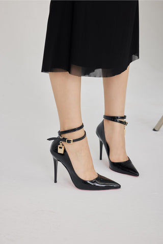 Zemes Toka Detaylı İnce Topuk 10 Cm Siyah Rugan Stiletto