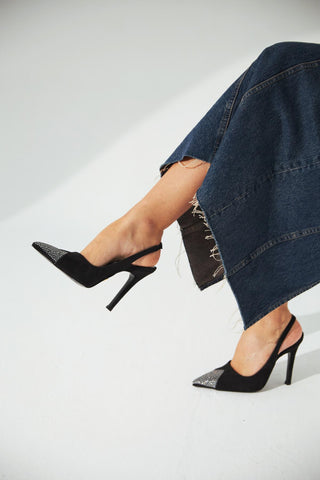 Jen Taş Detaylı İnce Topuk 10 Cm Siyah Süet Stiletto