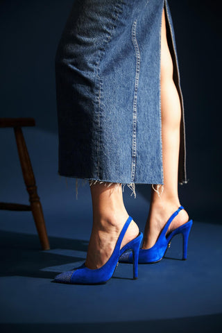 Jen Taş Detaylı İnce Topuk 10 Cm Saks Süet Stiletto