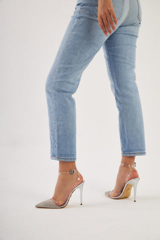 Gleam Taş Detaylı Bilekten Bantlı İnce Topuk 10 Cm Gümüş Şeffaf Stiletto