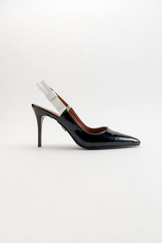 Lofty Kurdela Detaylı İnce Topuk 8 Cm Siyah Rugan Stiletto