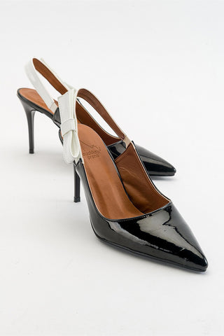 Lofty Kurdela Detaylı İnce Topuk 8 Cm Siyah Rugan Stiletto