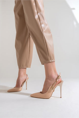 Brooch Aksesuar Detaylı İnce Topuk 10 Cm Ten Saten Stiletto