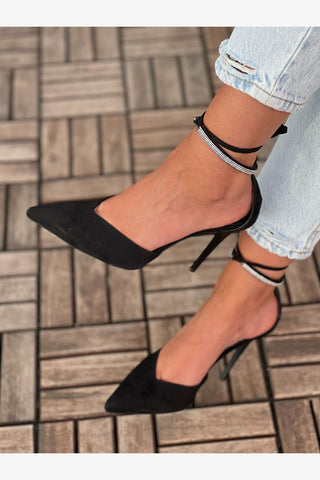 Signy Bilekten Bağcıklı Taş Detaylı İnce Topuk 10 Cm Siyah Süet Stiletto
