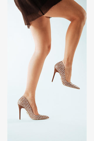 Nadja İnce Topuk 10 Cm Kahve Beyaz Desenli Stiletto