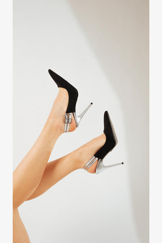 Filmy İnce Topuk 10 Cm Siyah Gümüş Stiletto