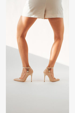 Zemes Toka Detaylı İnce Topuk 10 Cm Ten Rugan Stiletto