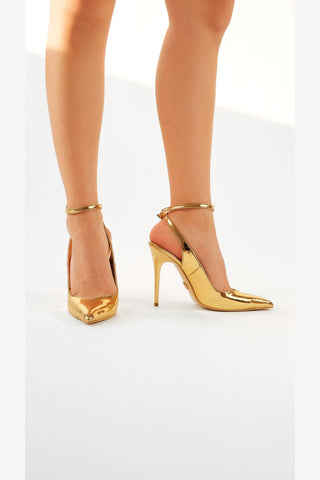 Gina Bilekten Bantlı İnce Topuk 10 Cm Gold Stiletto