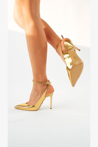 Gina Bilekten Bantlı İnce Topuk 10 Cm Gold Stiletto
