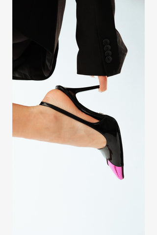 Orla İnce Topuk 10 Cm Fuşya Detaylı Siyah Rugan Stiletto