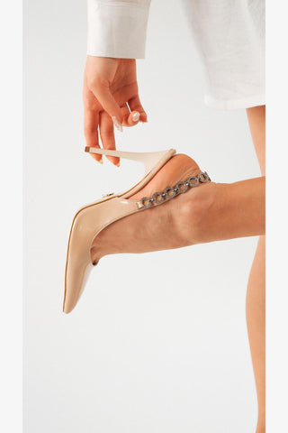 Jazzy Taş Detaylı İnce Topuk 10 Cm Ten Rugan Stiletto