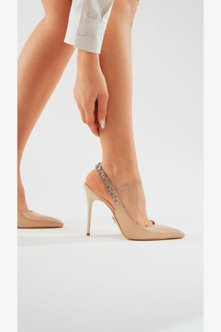 Jazzy Taş Detaylı İnce Topuk 10 Cm Ten Rugan Stiletto
