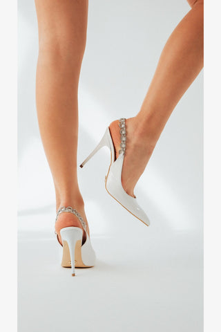 Jazzy Taş Detaylı İnce Topuk 10 Cm Beyaz Rugan Stiletto