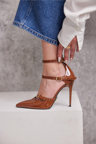 Ava Üç Bantlı İnce Topuk 10 Cm Taba Rugan Stiletto