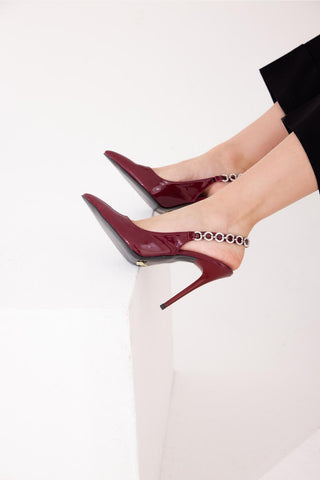 Jazzy Taş Detaylı İnce Topuk 10 Cm Cherry Stiletto