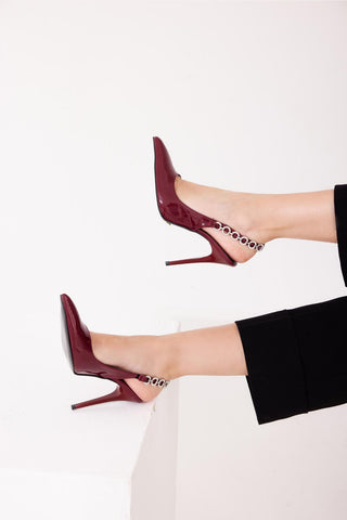 Jazzy Taş Detaylı İnce Topuk 10 Cm Cherry Stiletto