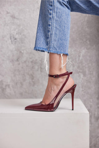 Pia Bilekten Bantlı Şeffaf Detaylı İnce Topuk 10 Cm Cherry Stiletto