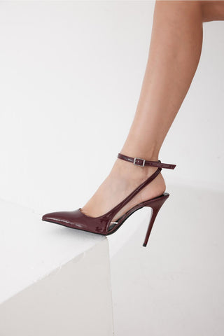 Pia Bilekten Bantlı Şeffaf Detaylı İnce Topuk 10 Cm Cherry Stiletto