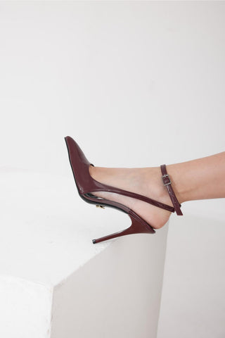 Pia Bilekten Bantlı Şeffaf Detaylı İnce Topuk 10 Cm Cherry Stiletto