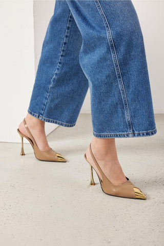 Nixi İnce Topuk 10 Cm Altın Detaylı Vizon Mat Stiletto