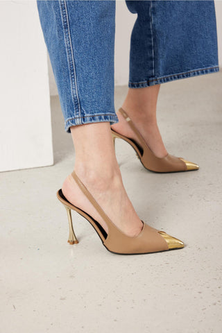 Nixi İnce Topuk 10 Cm Altın Detaylı Vizon Mat Stiletto