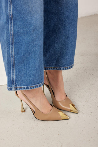 Nixi İnce Topuk 10 Cm Altın Detaylı Vizon Mat Stiletto