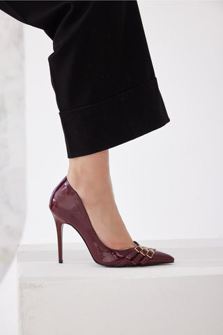 Wina Üç Bantlı Toka Detaylı İnce Topuk 10 Cm Cherry Stiletto